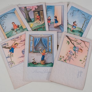 7 unused italian easter greeting postcards 50's 60's cute children illustrations ephemera