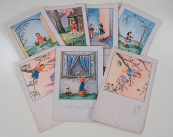 7 unused italian easter greeting postcards 50's 60's cute children illustrations ephemera