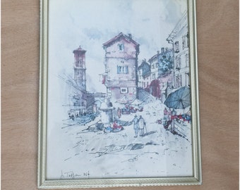 vintage ink and watercolor print of an old street, Italy, 1964