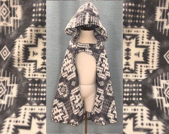 TODDLER Cape 2T/3T - Grey Southwestern Print Fleece with Rounded Hood - Ready to Ship