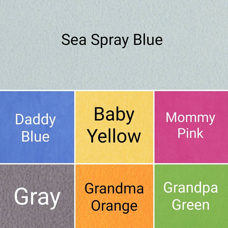 May include: A color palette featuring swatches of Sea Spray Blue, Daddy Blue, Baby Yellow, Mommy Pink, Gray, Grandma Orange, and Grandpa Green. Each color is labeled with its name in white text.