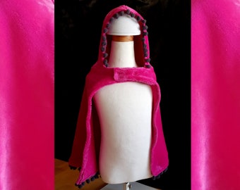 BABY 6-12 month Raspberry "Velvet" Fleece Cloak with Pom Pom accents and Rounded Hood - Ready to Ship
