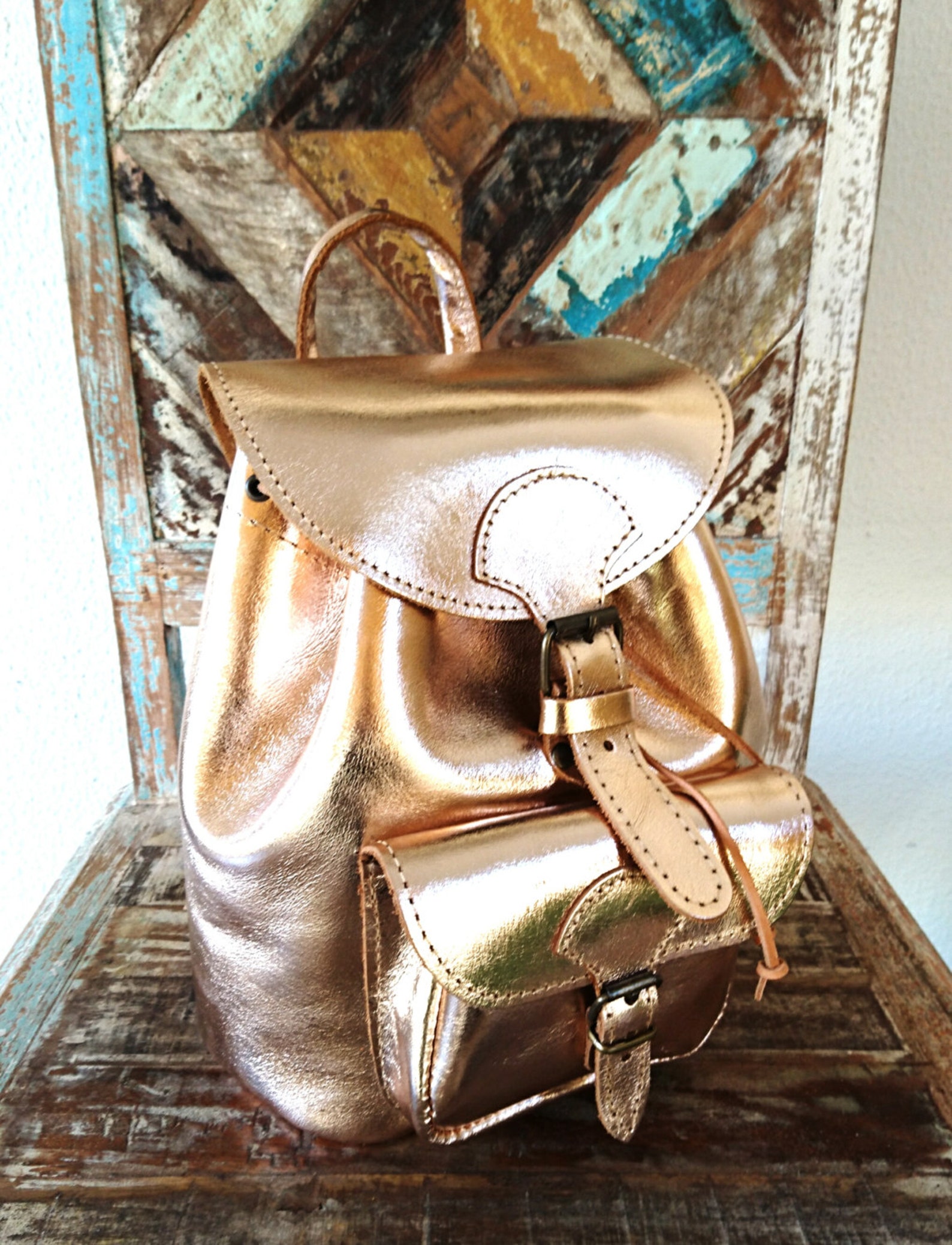 Leather Backpack Purse Rose Gold Leather Bag Metallic Etsy