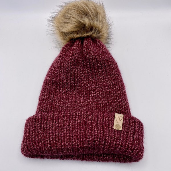The "Bergen" in Badlands Burgundy Super Soft Double-Layered Hat with Large Pom-Pom and Folded Brim