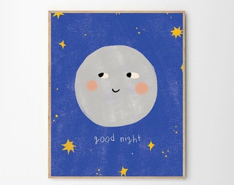 8x10", Serene "Good Night" Smiling Moon Poster -  children's decor, nursery decor, perfect birthday gift for her, wall decor, poster