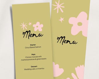 Boho Floral Wedding Menu Template | Editable Canva Digital Download | Elegant Design | 4x9 Size | Double-Sided