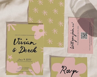 Boho Floral Wedding Invitation Suite: Editable Canva Template (Digital Download