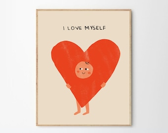 8x10", Empowering "I Love Myself" Kid with Heart Illustration - Self-Love Art, poster, nursery wall decor, perfect birthday gift