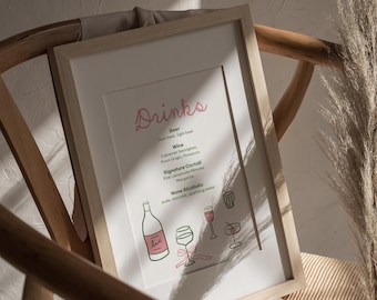 Wedding Bar Menu Template, Hand-Drawn, Canva Editable