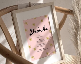 Boho Floral Wedding Bar Menu Template: Elegant Ribbon Design (Canva Digital Download, 4x9 Size)