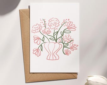 Hand-Drawn Flower in Vase Card – Minimalist Line Art Greeting Card, Blank Inside, Floral Illustration, Any Occasion Card