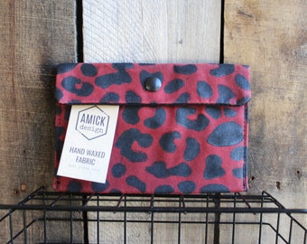 Red Waxed Canvas Cheetah Print Snap Pouch Wallet with Hand Printed Design