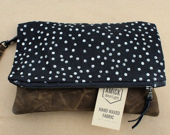 Polka Dot Print Fold Over Bag | Zippered Waxed Canvas Fold Over Clutch | Wrist Clutch