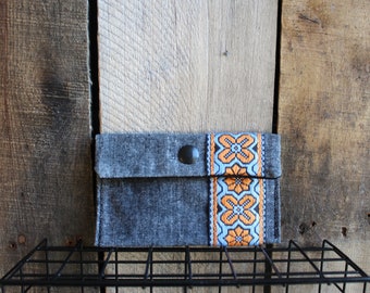 Black and White Waxed Linen Wallet, Snap Pouch, with Blue and Orange Vintage Ribbon