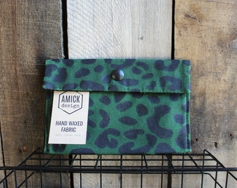 Green Waxed Canvas Cheetah Print Snap Pouch Wallet with Hand Printed Design