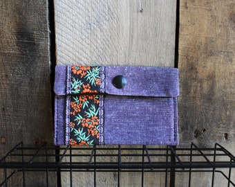 Purple Waxed Linen Wallet, Snap Pouch, with Vintage Ribbon