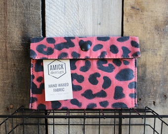 Pink Waxed Canvas Cheetah Print Snap Pouch Wallet with Hand Printed Design