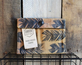 Waxed Canvas Feather Print Snap Pouch Wallet with Hand Printed Design