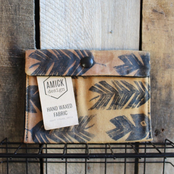 Waxed Canvas Feather Print Snap Pouch Wallet with Hand Printed Design