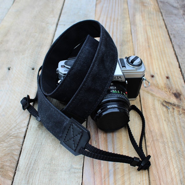 Black Camera Strap, Waxed Canvas Camera Strap, DSLR Camera Strap, Photographer Gift