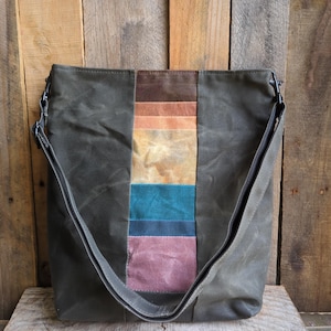Gray Waxed Canvas Bag with Hand Dyed Rainbow, Waxed Canvas Crossbody Bag