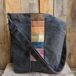 Black Waxed Canvas Bag with Hand Dyed Rainbow, Waxed Canvas Crossbody Bag