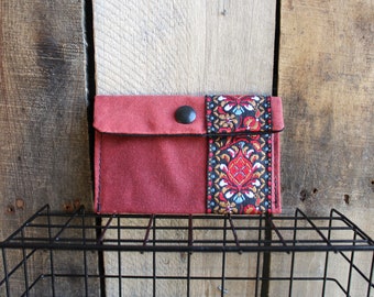 Red Waxed Canvas Wallet, Snap Pouch, with Vintage Ribbon