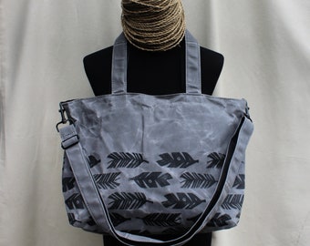 Large Tote Bag, Oversized Tote Bag, Gray Waxed Canvas Bag, Waxed Canvas Tote Bag w/ Feather Print