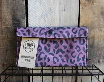 Lavender Waxed Canvas Cheetah Print Snap Pouch Wallet with Hand Printed Design