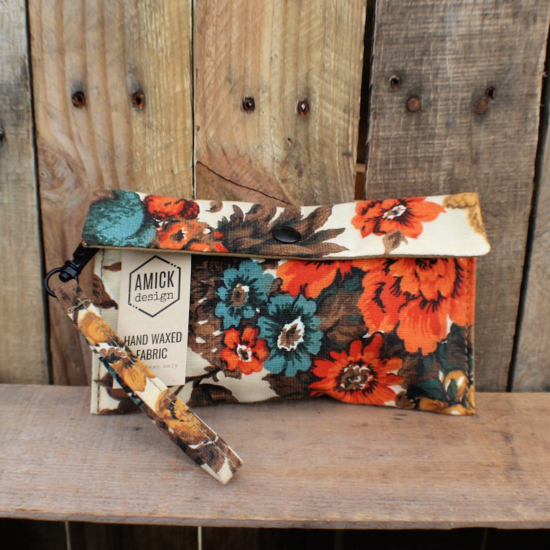 Vintage Floral Waxed Canvas Wrist Wallet Waxed Canvas Clutch image 1