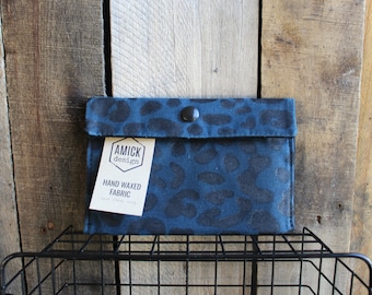 Blue Waxed Canvas Cheetah Print Snap Pouch Wallet with Hand Printed Design