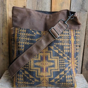 Brown Waxed Canvas Bag with PNW Wool, Waxed Canvas Crossbody Bag