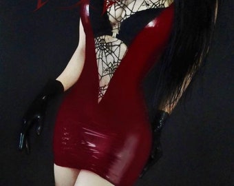 MADE TO ORDER. Red wine spiderweb latex dress