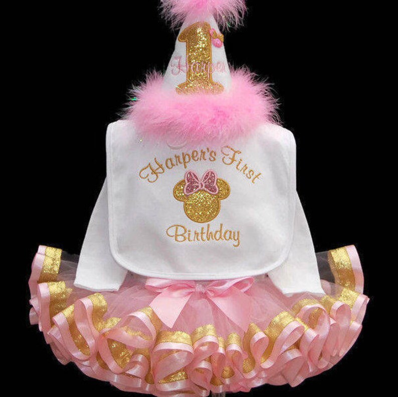 Pink and gold birthday outfit Pink and Gold Minnie Mouse birthday outfit 1st birthday girl outfit ribbon trimmed tutu pink and gold tutu