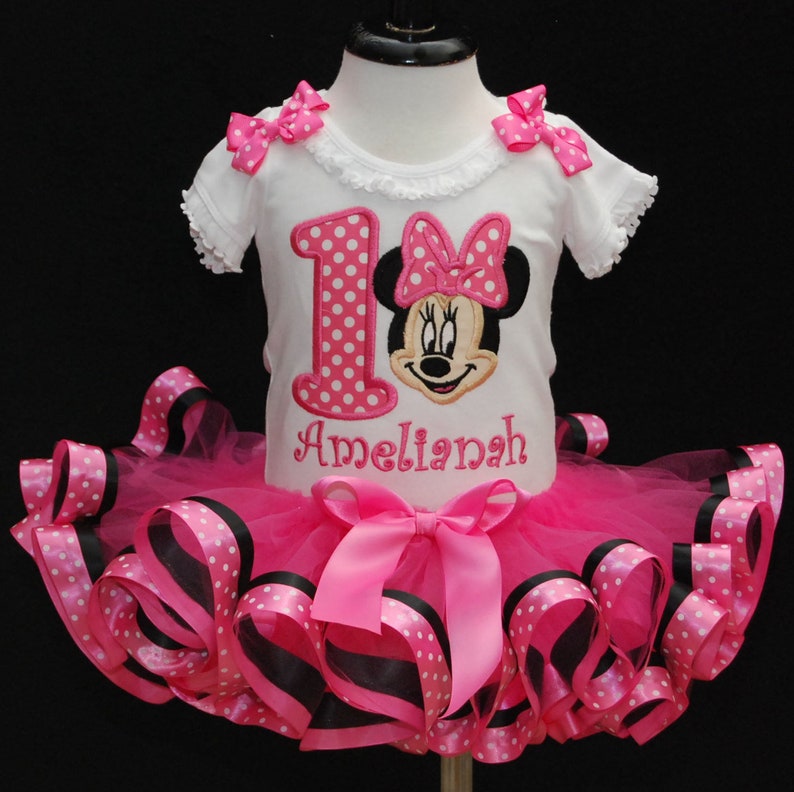 Personalized Baby Minnie Mouse First Birthday Ribbon Trim Tutu Outfit 12,18,24 M 