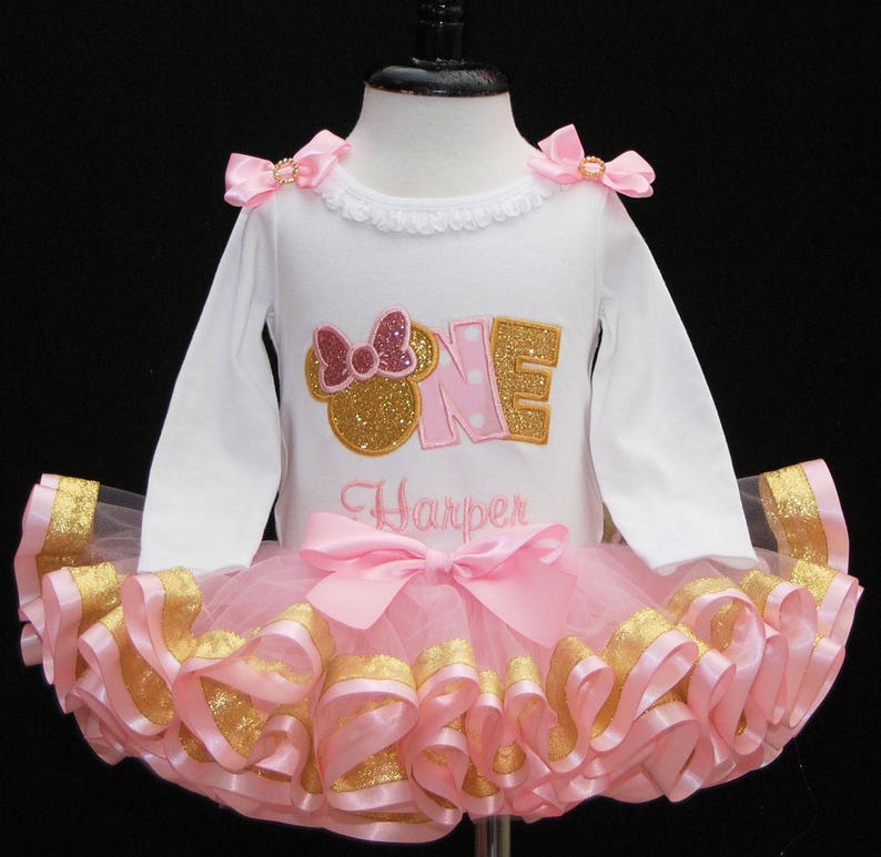 Pink and gold birthday outfit Pink and Gold Minnie Mouse birthday outfit 1st birthday girl outfit ribbon trimmed tutu pink and gold tutu