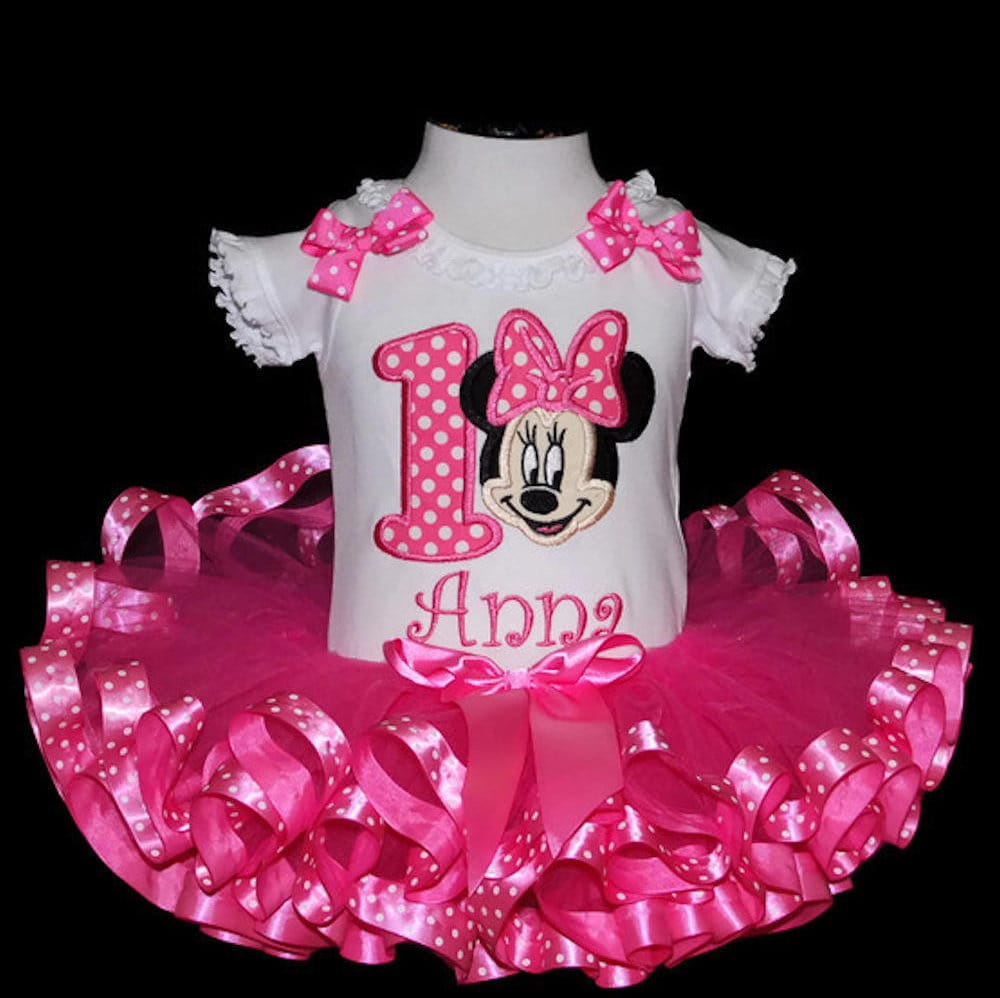 Minnie Mouse Birthday Tutu Outfit, Minnie Mouse Pink birthday tutu set ribbon trim tutu