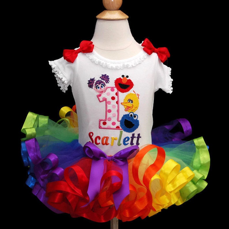 1st Birthday outfit Elmo Tutu Outfit elmo and friends tutu dress tutu outfit Sesame Street birthday outfit ribbon trim rainbow tutu outfit