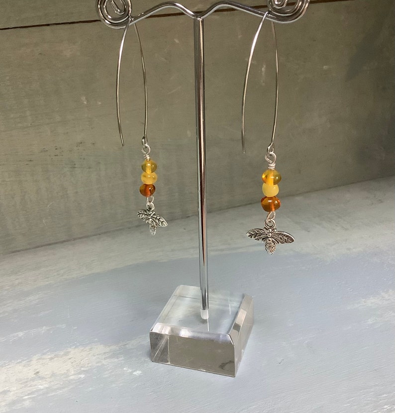 Amber earrings, amber gem earrings, bee and amber earrings, stainless steel earrings, hypoallergenic earring hooks afbeelding 5