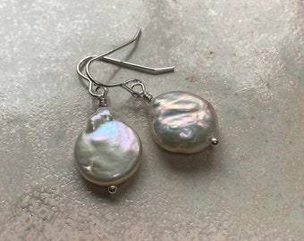 Statement pearl drop earrings, freshwater pearl earrings, pearl and sterling silver earrings, pearl coin earrings, bridal jewellery.