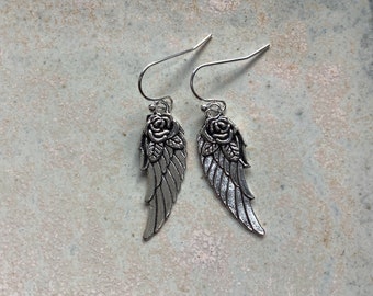 Angel wing earrings, angel wings with rose detail, angel wing jewellery, funky angel wings, bff gift, spiritual jewellery.