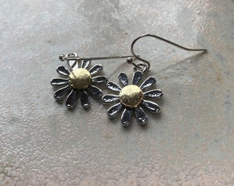 Daisy or sunflower earrings, flower lover gift, Tibetan silver earrings, perfect for any event, flower power, gold and silver earrings