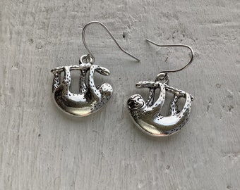 Sloth earrings, animal lover jewellery gift, silver sloth earrings, fun earrings