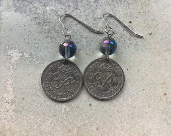 Vintage coin earrings, sterling silver earrings, old sixpences, genuine gem earrings, 1949 silver sixpences, statement earrings