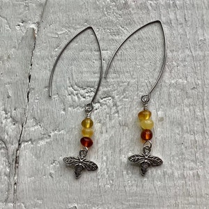 Amber earrings, amber gem earrings, bee and amber earrings, stainless steel earrings, hypoallergenic earring hooks afbeelding 1