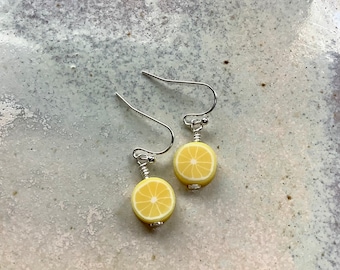 Fruity jewellery, lemon earrings, fun earrings, perfect holiday wear, summer earrings, gin and tonic