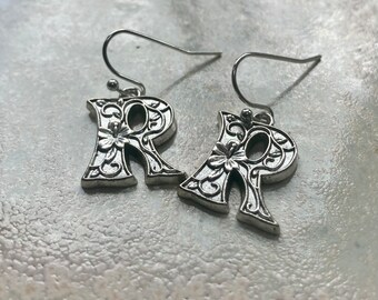 Initial earrings, letter jewellery, initial R earrings, R earrings gift, Tibetan silver R earrings, perfect for a friend, sister, mother.