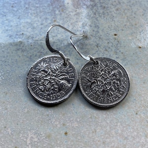 Silver coin earrings, vintage coin earrings, old sixpence earrings, sterling silver with vintage coin jewellery, special date earrings image 1