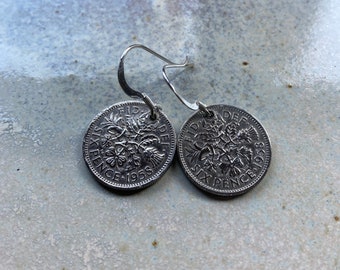 Silver coin earrings, vintage coin earrings, old sixpence earrings, sterling silver with vintage coin jewellery, special date earrings