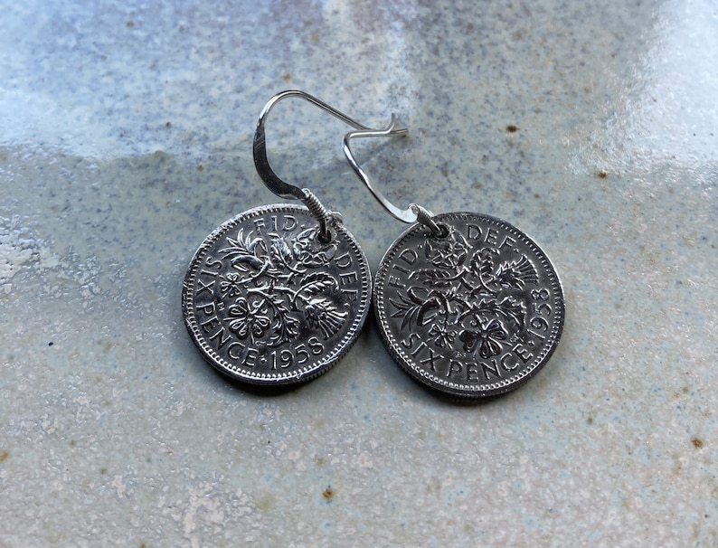 Silver coin earrings, vintage coin earrings, old sixpence earrings, sterling silver with vintage coin jewellery, special date earrings image 1